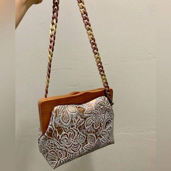 Handmade Genuine Cowhide Floral Embossed, Wooden Frame Bag & 2 Strap Styles - Picture 9 of 16